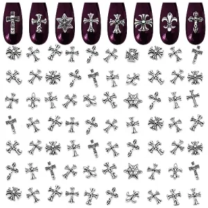 100 Pcs Silver Cross Nail Charms for Nails Design - Nail Charms Y2K Cross Charms for Nails Nail Gems Silver Nail Charms and Gems Y2K 3D Nail Charms - Nail Art Charms Nails With Charms Cross Nail Charm