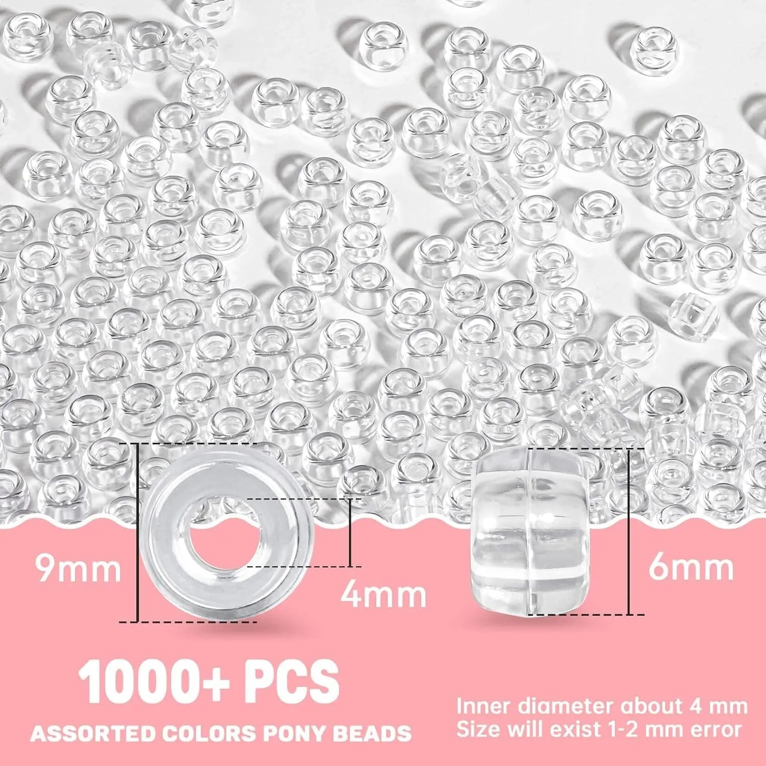 1000  Pcs Pony Beads Bulk - Plastic Bracelet Beads  6X9 Mm Crystal White Clear Pony Beads for Bracelets Making Hair Beads for Braids DIY Crafts Key Chai Jewelry Making Home Decor Beads