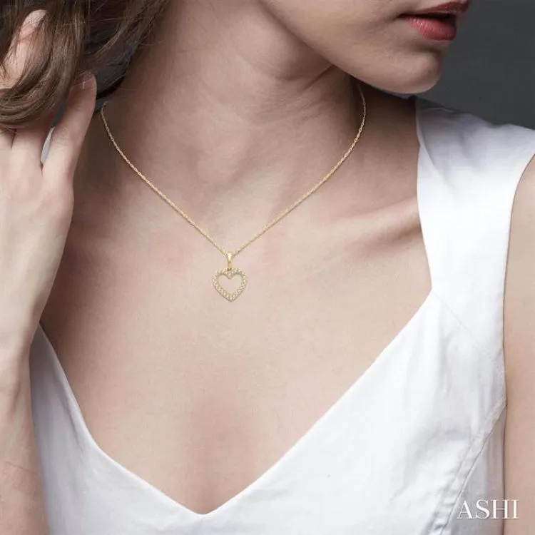 1/10 ctw Hollow Cut Heart Charm Round Cut Diamond Petite Pendant in 10K Yellow Gold with Chain