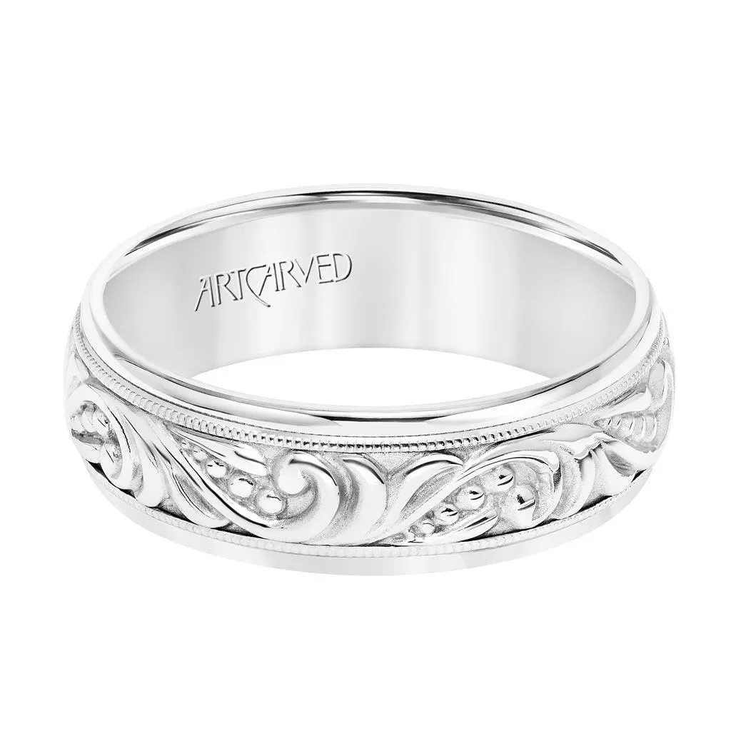 14k White Gold Wedding Band Domed Center High Polished Paisley Design and Milgrain Detail Round Edges- 7 mm