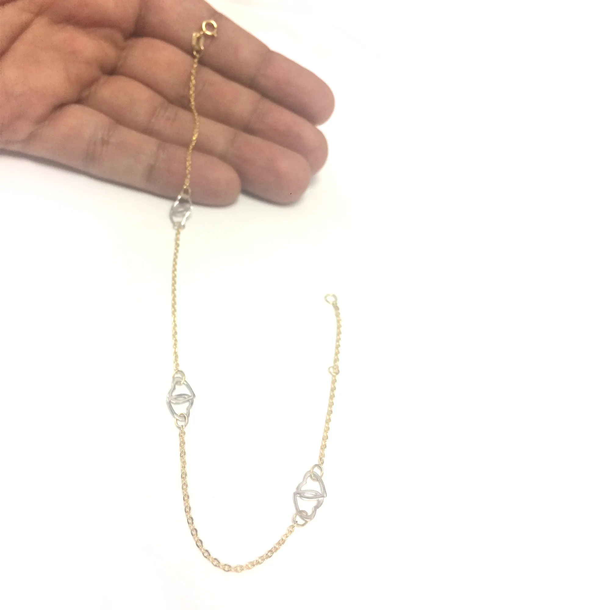 14K Yellow And White Gold Heart Charms Fancy Anklet, 10"
