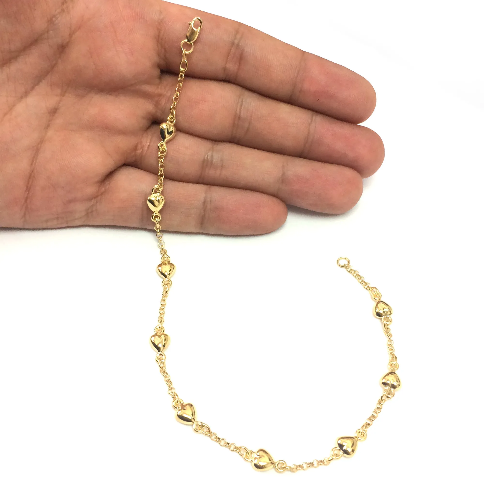 14K Yellow Gold Puffed Hearts Anklet, 10"