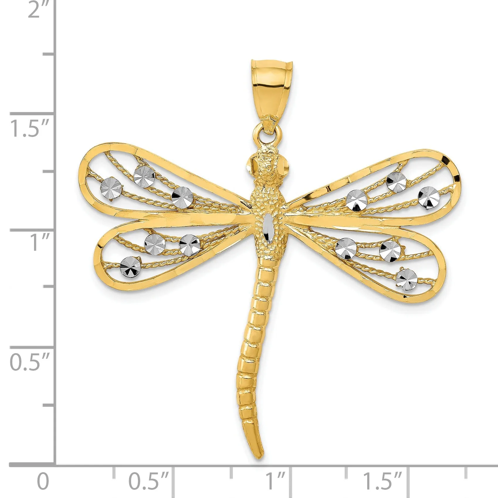14K Yellow Gold White Rhodium Open Back Solid Polished Diamond Cut Filigree Design Dragonfly Charm Pendant