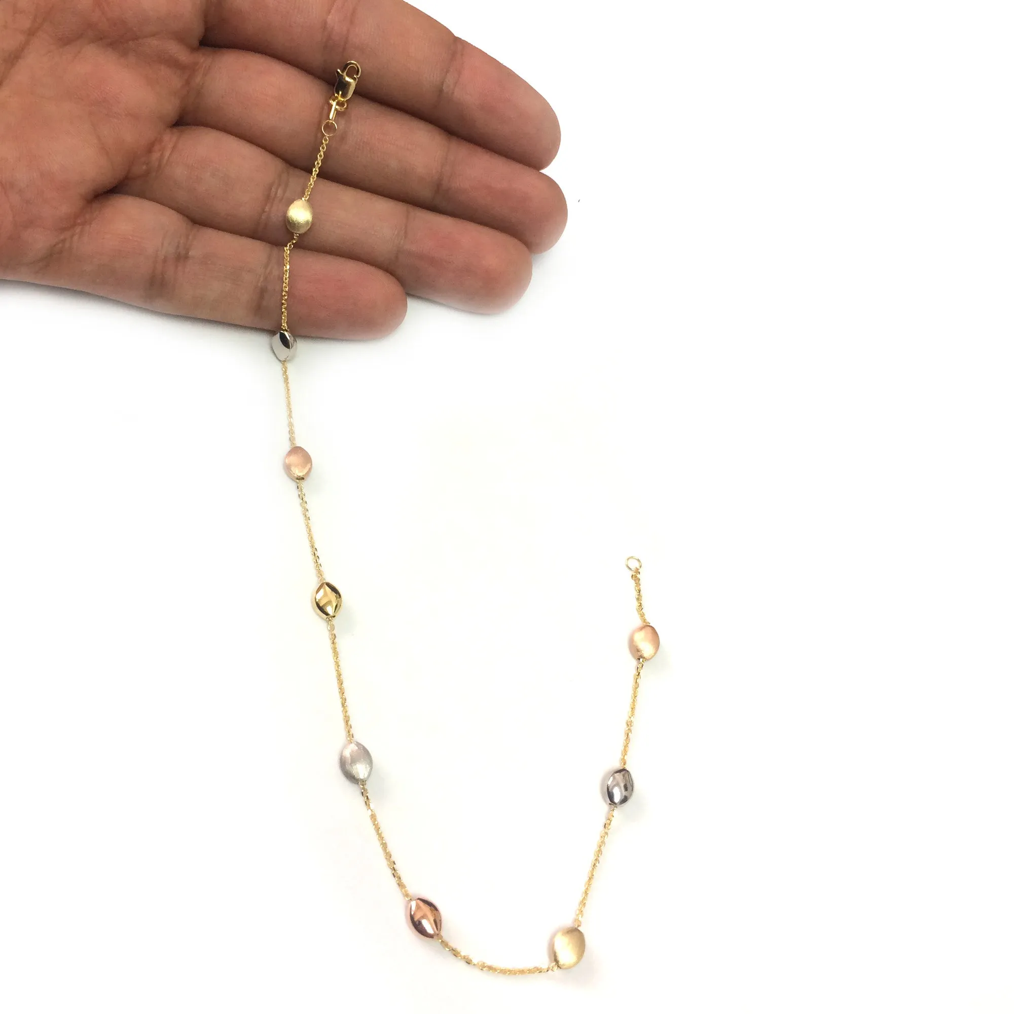 14K Yellow White And Rose Gold Charms Fancy Anklet, 10"