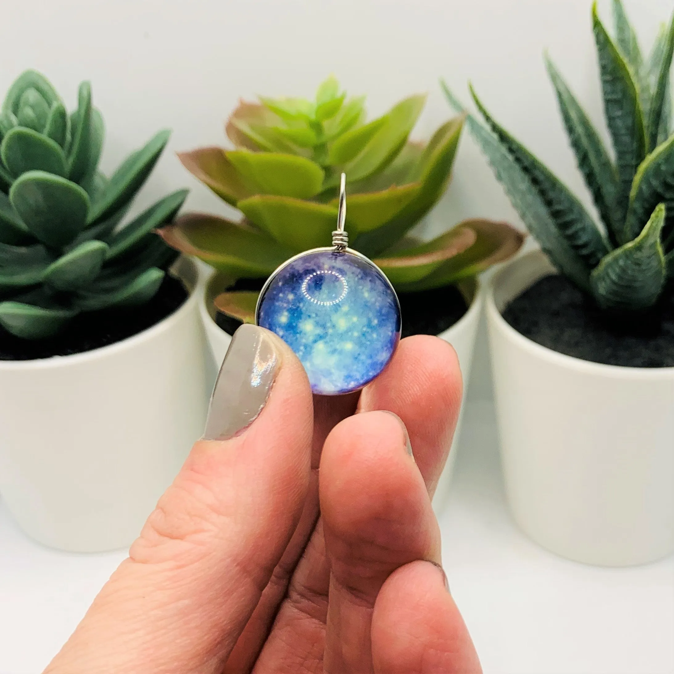 2 Wire Wrapped Glass Blue Galaxy Nebula Pendant Charms