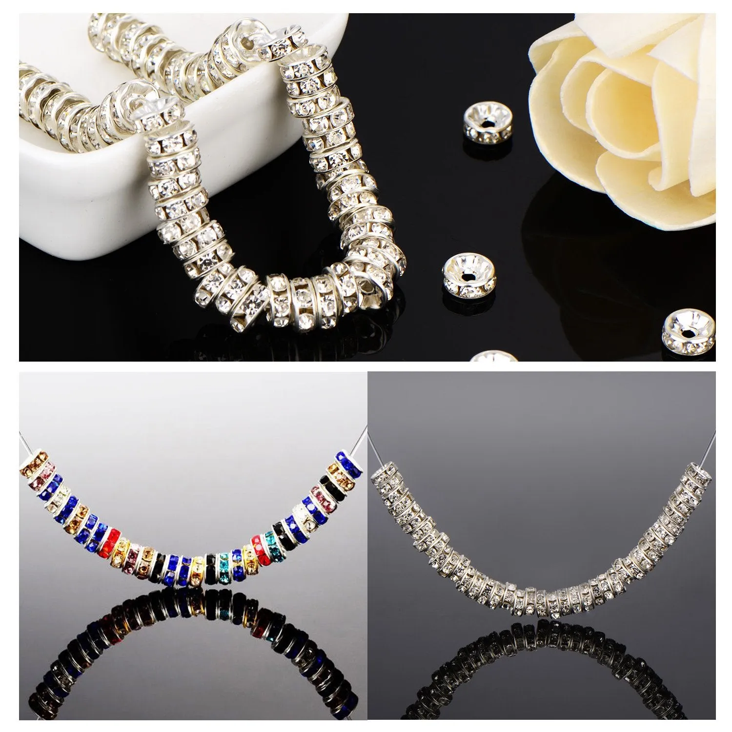 200 Pieces Rondelle Beads, Including 100 Pieces Silver Tone Crystal Spacer Beads and 100 Pieces Mixed Color Loose Beads for Jewelry Making