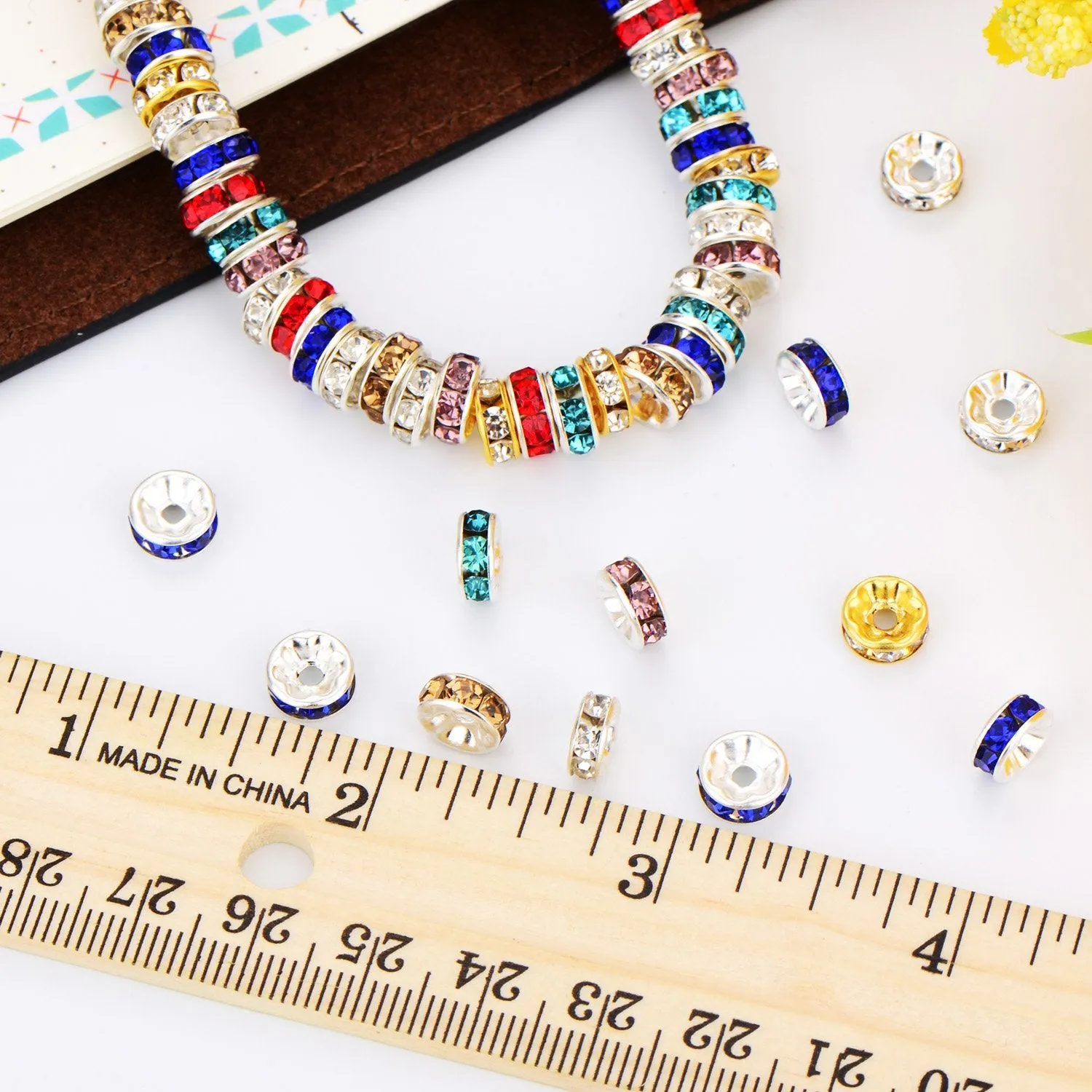 200 Pieces Rondelle Beads, Including 100 Pieces Silver Tone Crystal Spacer Beads and 100 Pieces Mixed Color Loose Beads for Jewelry Making