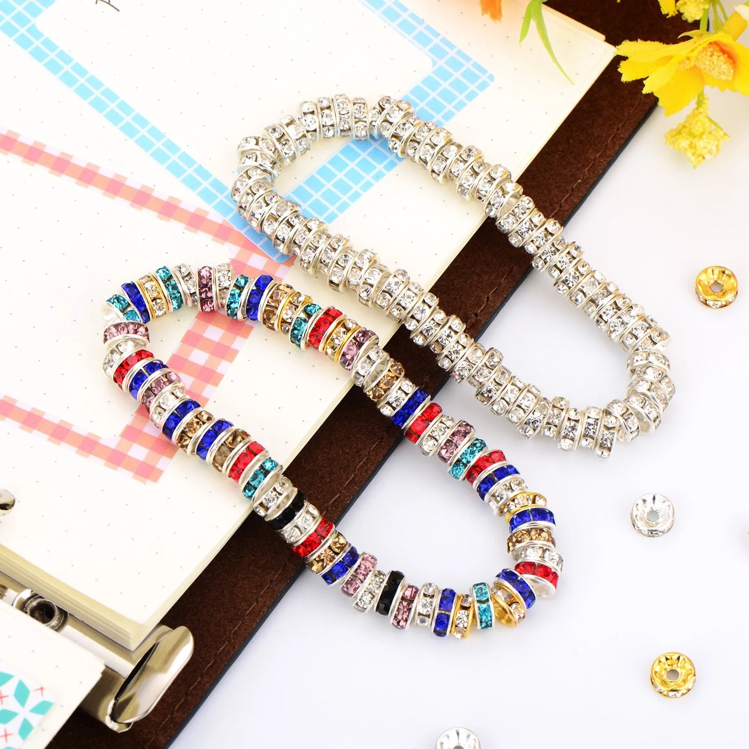 200 Pieces Rondelle Beads, Including 100 Pieces Silver Tone Crystal Spacer Beads and 100 Pieces Mixed Color Loose Beads for Jewelry Making