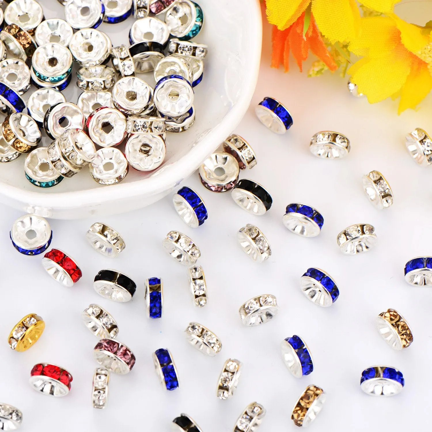 200 Pieces Rondelle Beads, Including 100 Pieces Silver Tone Crystal Spacer Beads and 100 Pieces Mixed Color Loose Beads for Jewelry Making