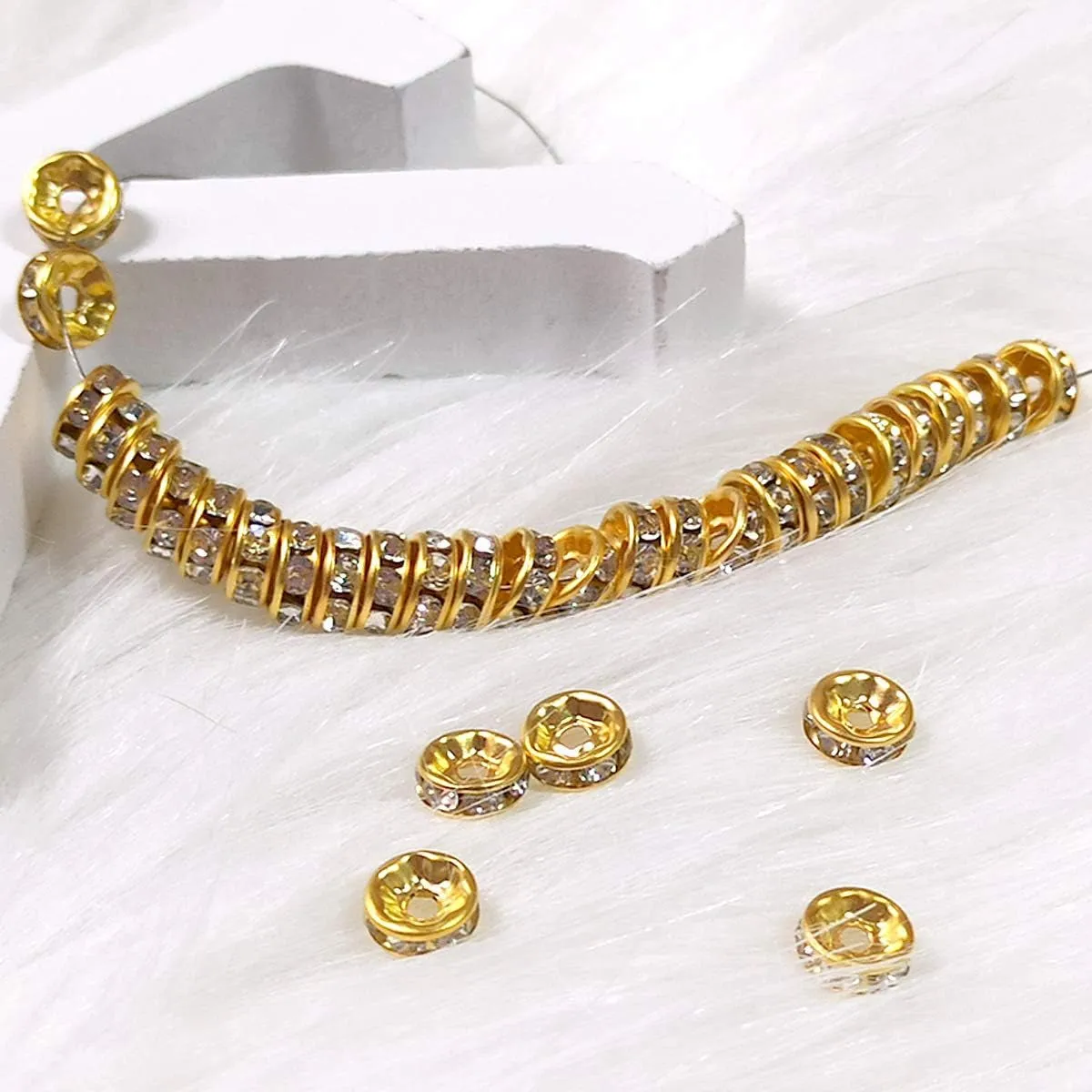 200Pcs Rondelle Spacer Beads Bright Silver Crystal Rondelle Spacer Beads for Jewelry Making (8Mm Gold Plated)