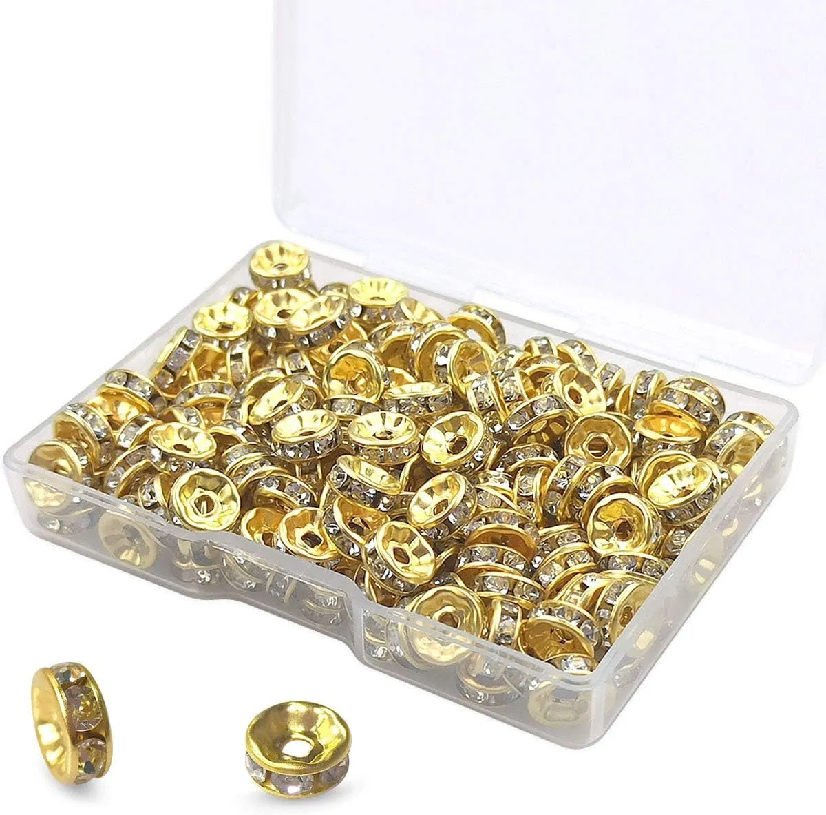 200Pcs Rondelle Spacer Beads Bright Silver Crystal Rondelle Spacer Beads for Jewelry Making (8Mm Gold Plated)