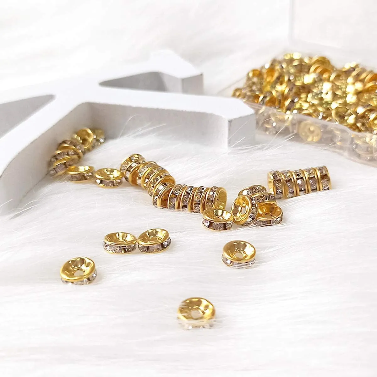 200Pcs Rondelle Spacer Beads Bright Silver Crystal Rondelle Spacer Beads for Jewelry Making (8Mm Gold Plated)