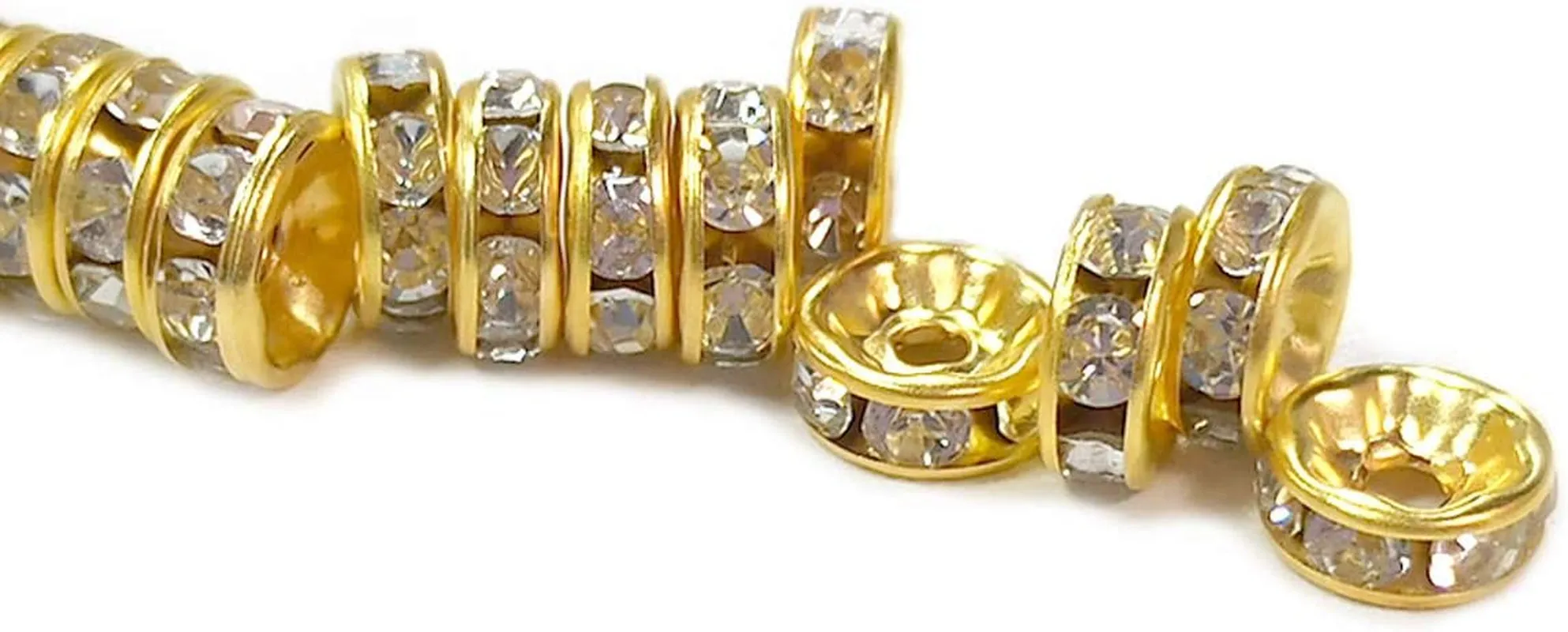 200Pcs Rondelle Spacer Beads Bright Silver Crystal Rondelle Spacer Beads for Jewelry Making (8Mm Gold Plated)