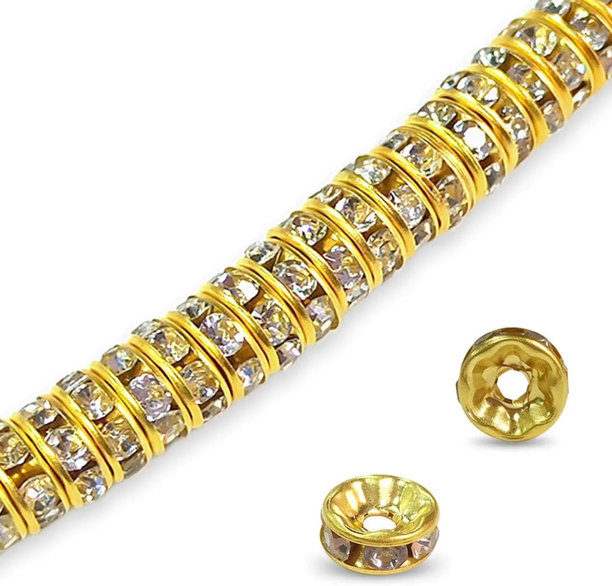 200Pcs Rondelle Spacer Beads Bright Silver Crystal Rondelle Spacer Beads for Jewelry Making (8Mm Gold Plated)