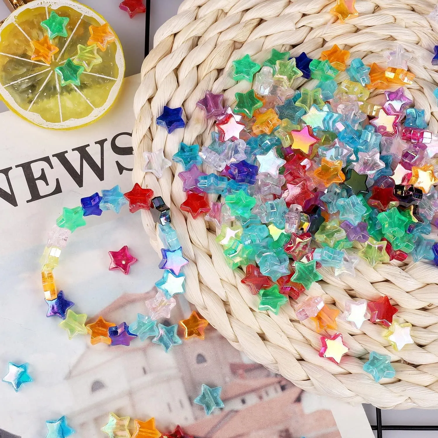 220 PCS Star Beads, 10Mm Friendship Bracelet Beads Clear Acrylic Star Shape Spacer Beads Colored Star Beads for DIY Jewelry Bracelet Earring Necklace Craft Making with 5M Elastic String