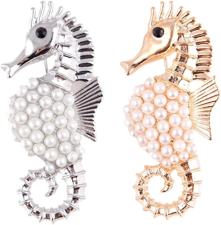 2Pcs Fashion Sea Horse Pendant Brooches Wedding Pins Vintage Brooch Gold Silver