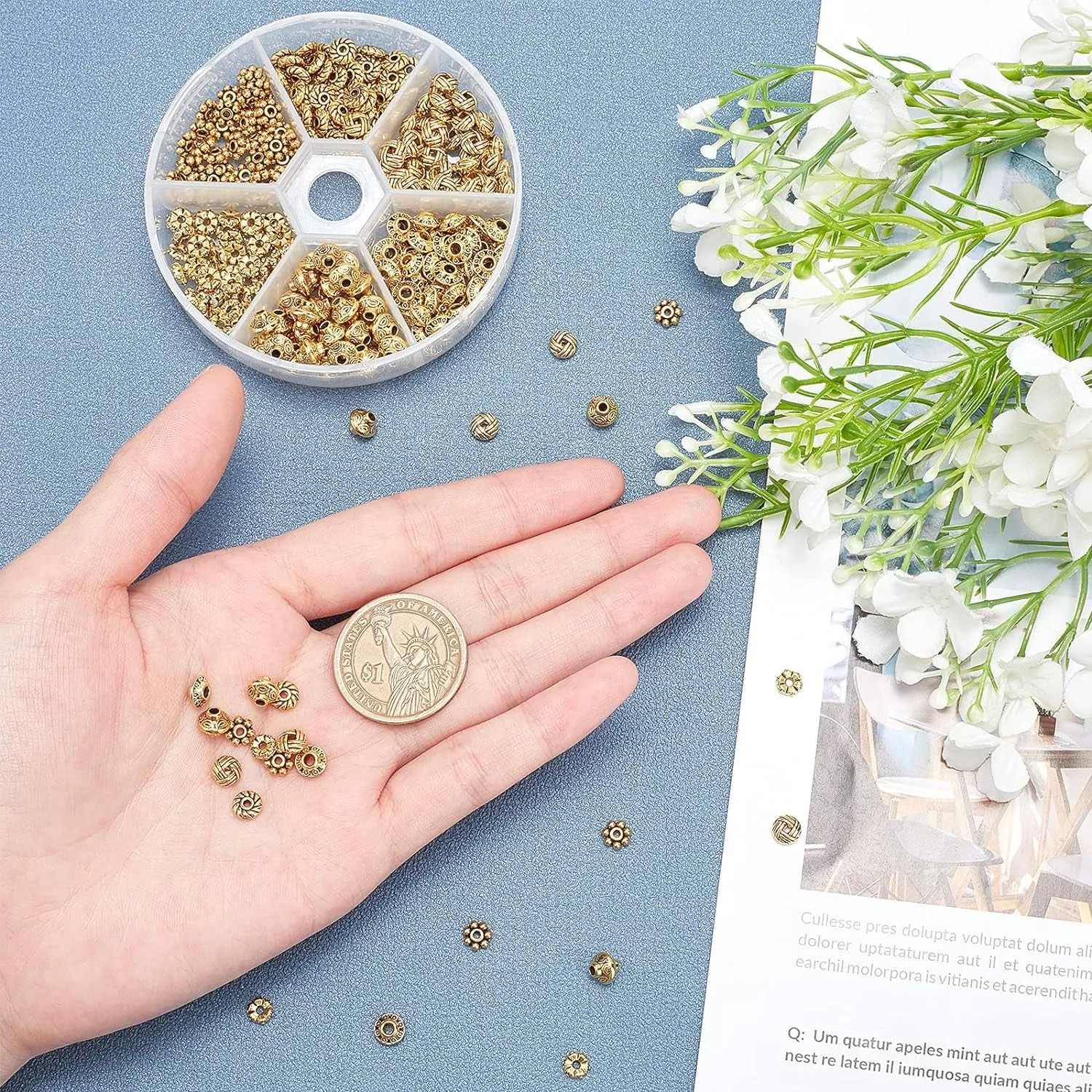 300Pcs Spacer Beads 6 Style Antique Golden Beads Tibetan Metal Jewelry Beads Loose Spacer Beads Flower Flat Rondelle Beads for Bracelet Necklace Jewelry Making Supplies (5.5-6.5Mm)