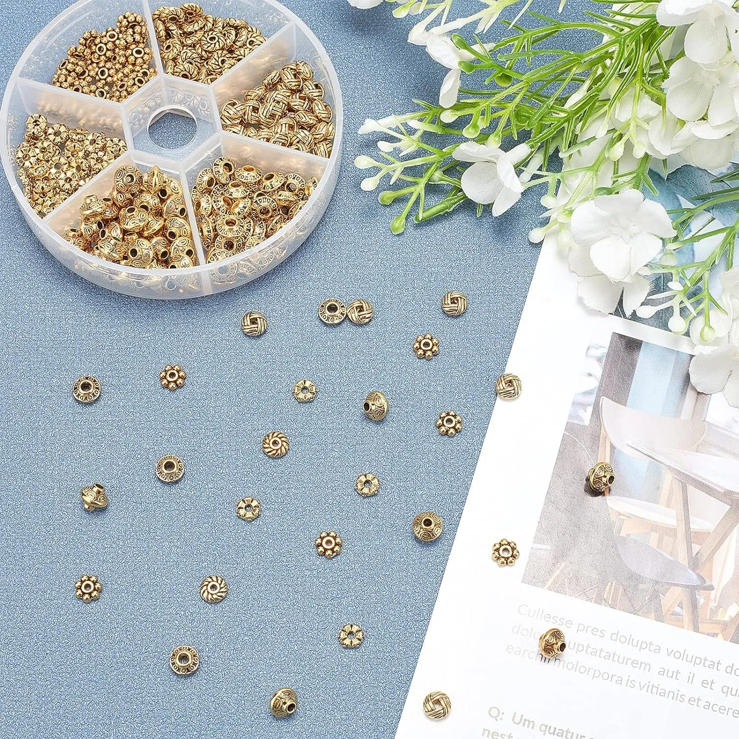 300Pcs Spacer Beads 6 Style Antique Golden Beads Tibetan Metal Jewelry Beads Loose Spacer Beads Flower Flat Rondelle Beads for Bracelet Necklace Jewelry Making Supplies (5.5-6.5Mm)