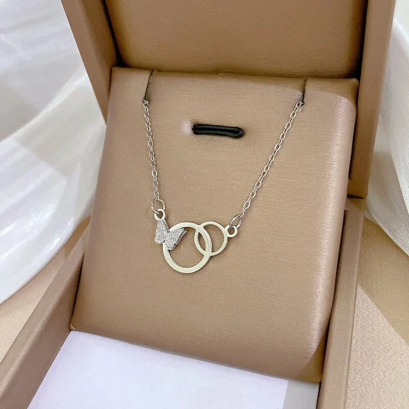 316L Stainless Steel 2-Color Butterfly Circle Pendant Necklace For Women