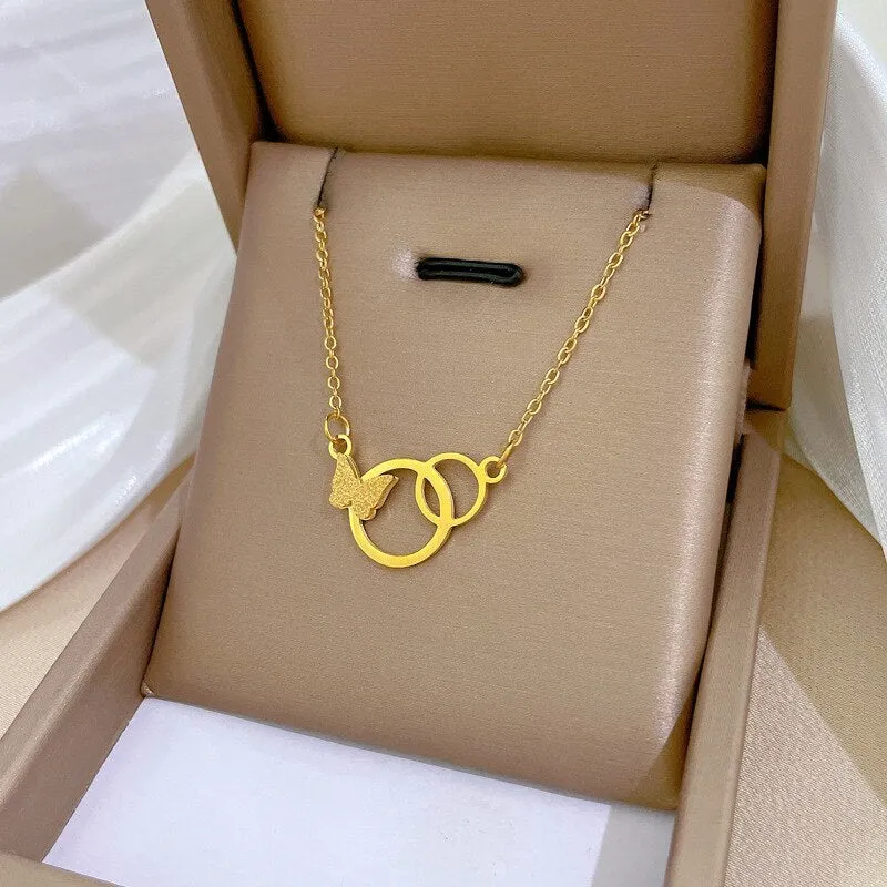 316L Stainless Steel 2-Color Butterfly Circle Pendant Necklace For Women