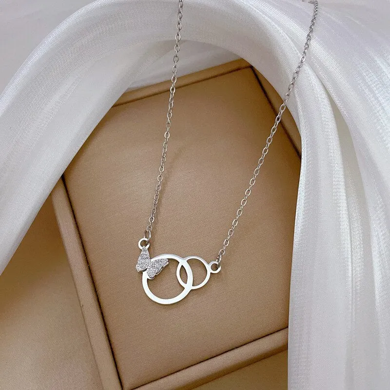 316L Stainless Steel 2-Color Butterfly Circle Pendant Necklace For Women
