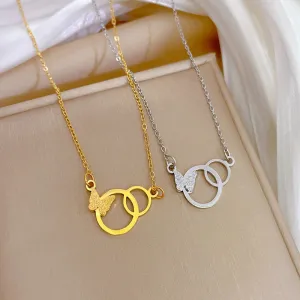 316L Stainless Steel 2-Color Butterfly Circle Pendant Necklace For Women