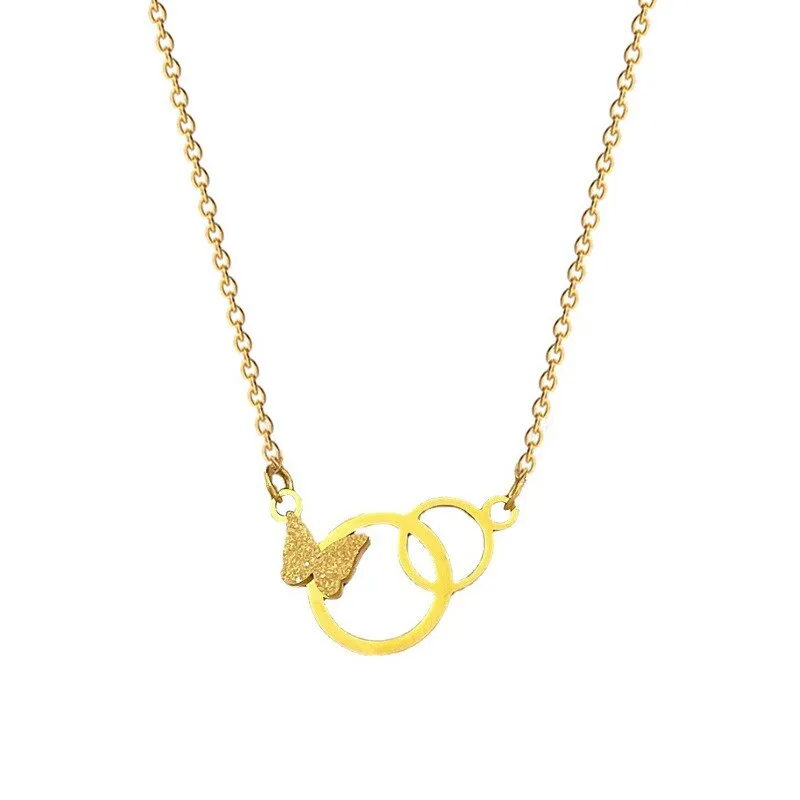 316L Stainless Steel 2-Color Butterfly Circle Pendant Necklace For Women