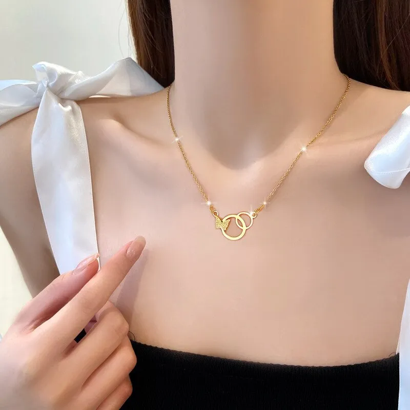 316L Stainless Steel 2-Color Butterfly Circle Pendant Necklace For Women