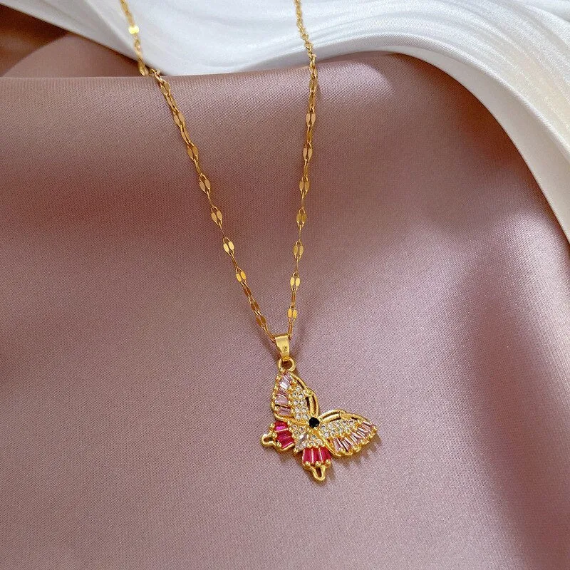 316L Stainless Steel Full Zircon Butterfly Pendant Necklace For Women