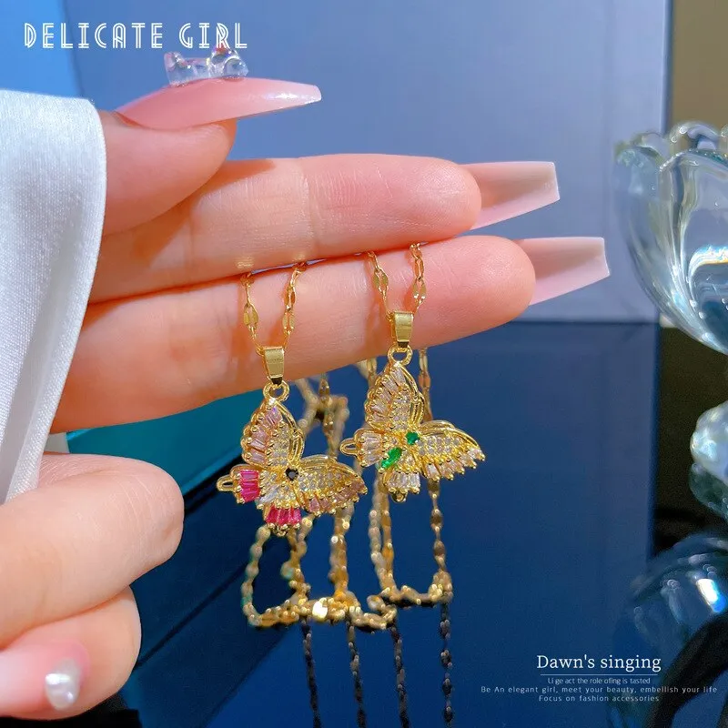 316L Stainless Steel Full Zircon Butterfly Pendant Necklace For Women