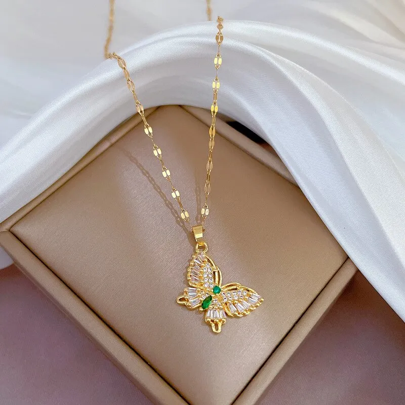 316L Stainless Steel Full Zircon Butterfly Pendant Necklace For Women
