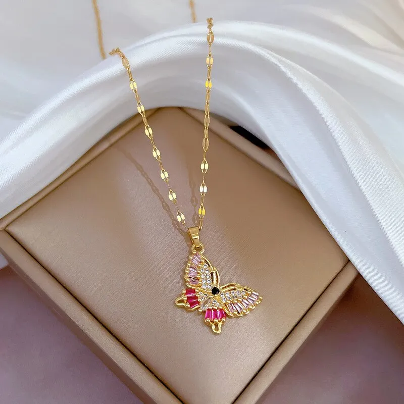316L Stainless Steel Full Zircon Butterfly Pendant Necklace For Women