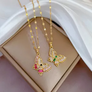 316L Stainless Steel Full Zircon Butterfly Pendant Necklace For Women