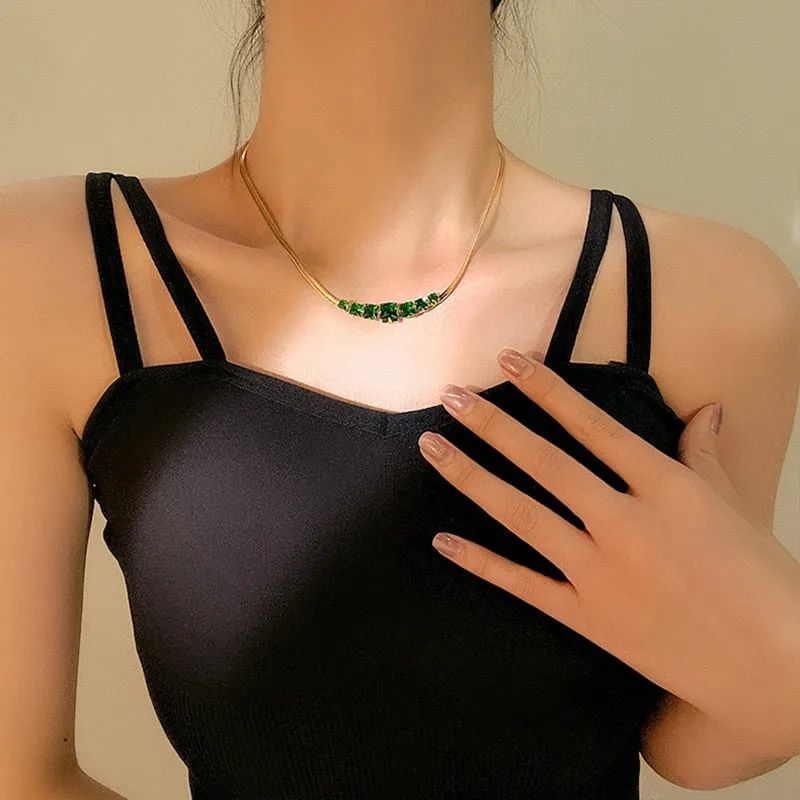 316L Stainless Steel Green White Crystal Zircon Necklace For Women
