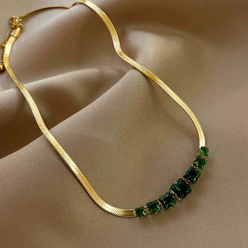 316L Stainless Steel Green White Crystal Zircon Necklace For Women