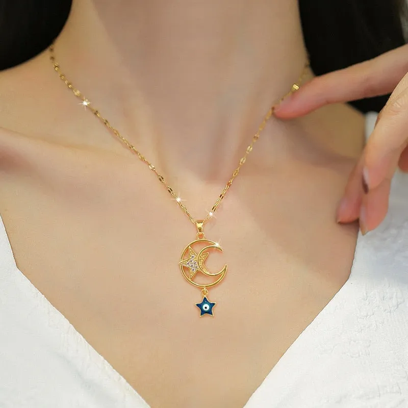 316L Stainless Steel Moon Star Turkey Devil's Eye Shaped Pendant Necklace For Women