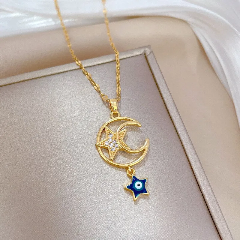 316L Stainless Steel Moon Star Turkey Devil's Eye Shaped Pendant Necklace For Women