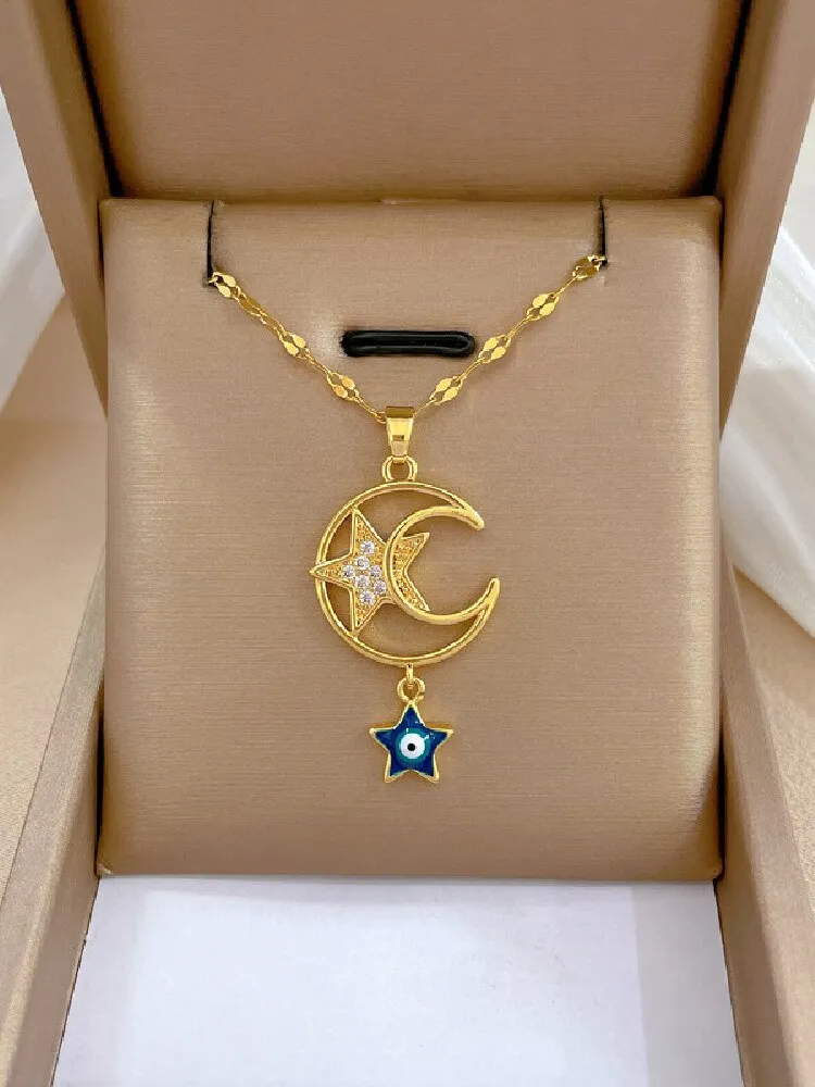 316L Stainless Steel Moon Star Turkey Devil's Eye Shaped Pendant Necklace For Women