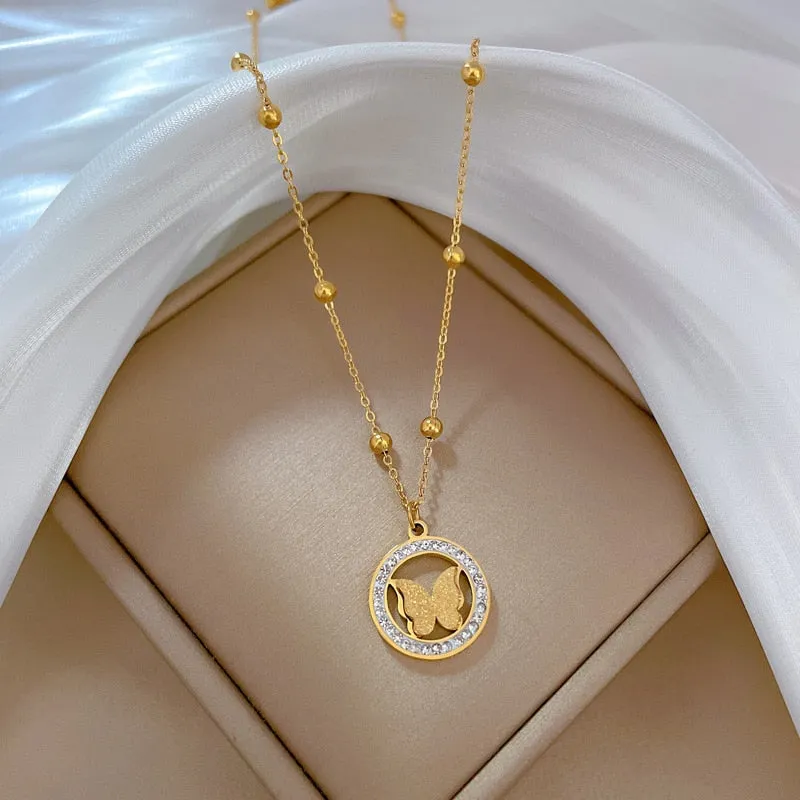 316L Stainless Steel Round Butterfly Pendant Necklace For Women
