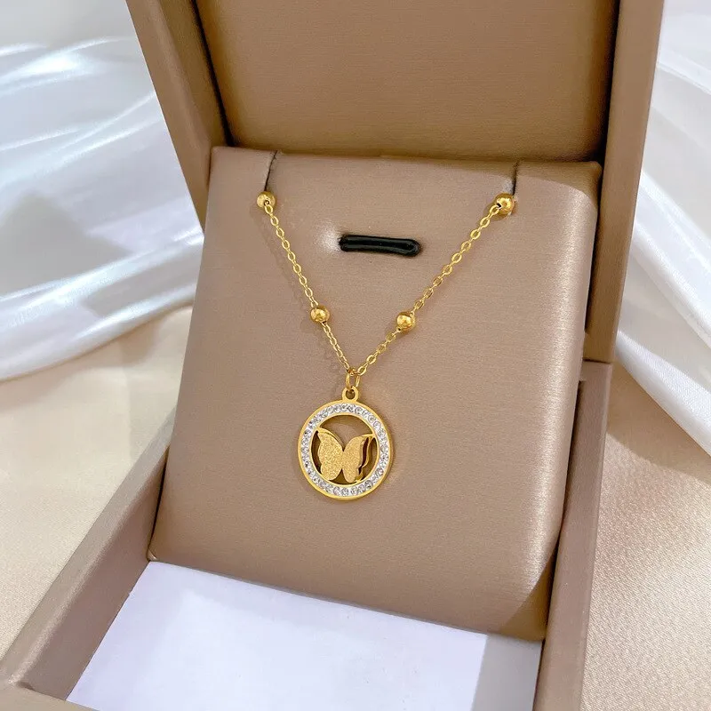 316L Stainless Steel Round Butterfly Pendant Necklace For Women