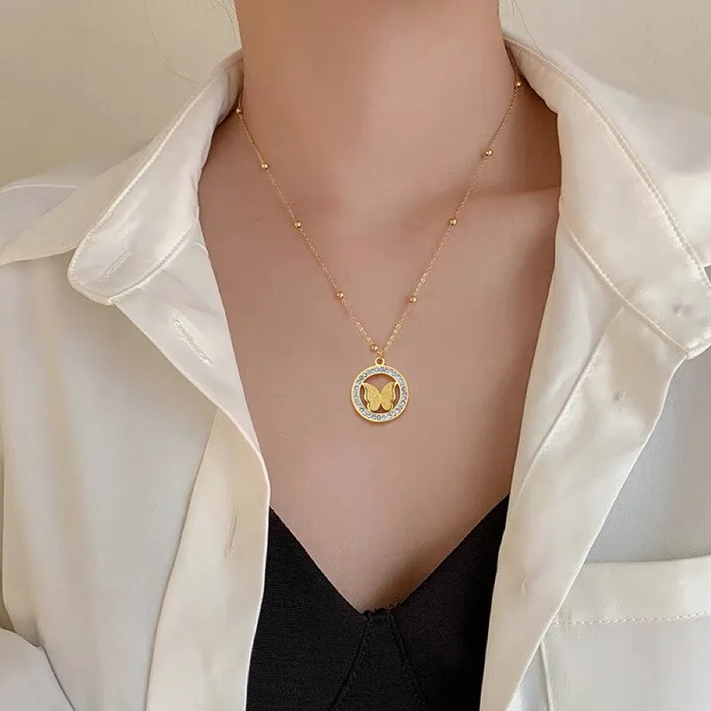 316L Stainless Steel Round Butterfly Pendant Necklace For Women