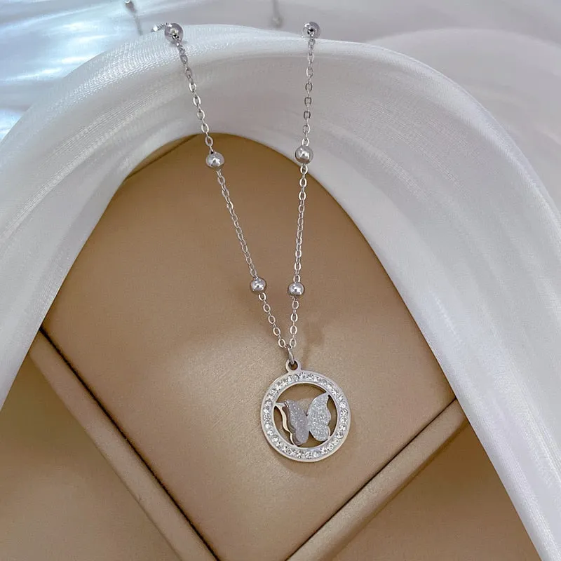 316L Stainless Steel Round Butterfly Pendant Necklace For Women