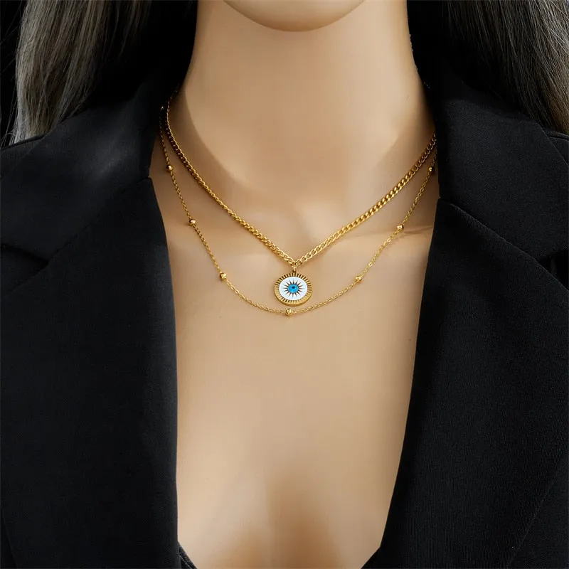 316L Stainless Steel Round Sun Eye Pendant Necklace For Women