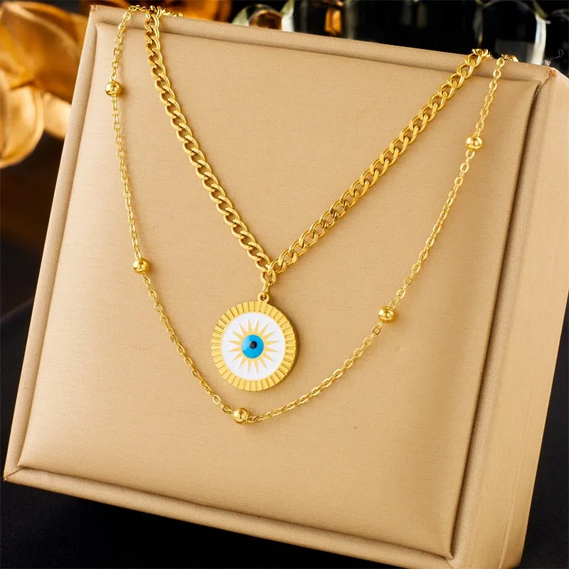 316L Stainless Steel Round Sun Eye Pendant Necklace For Women
