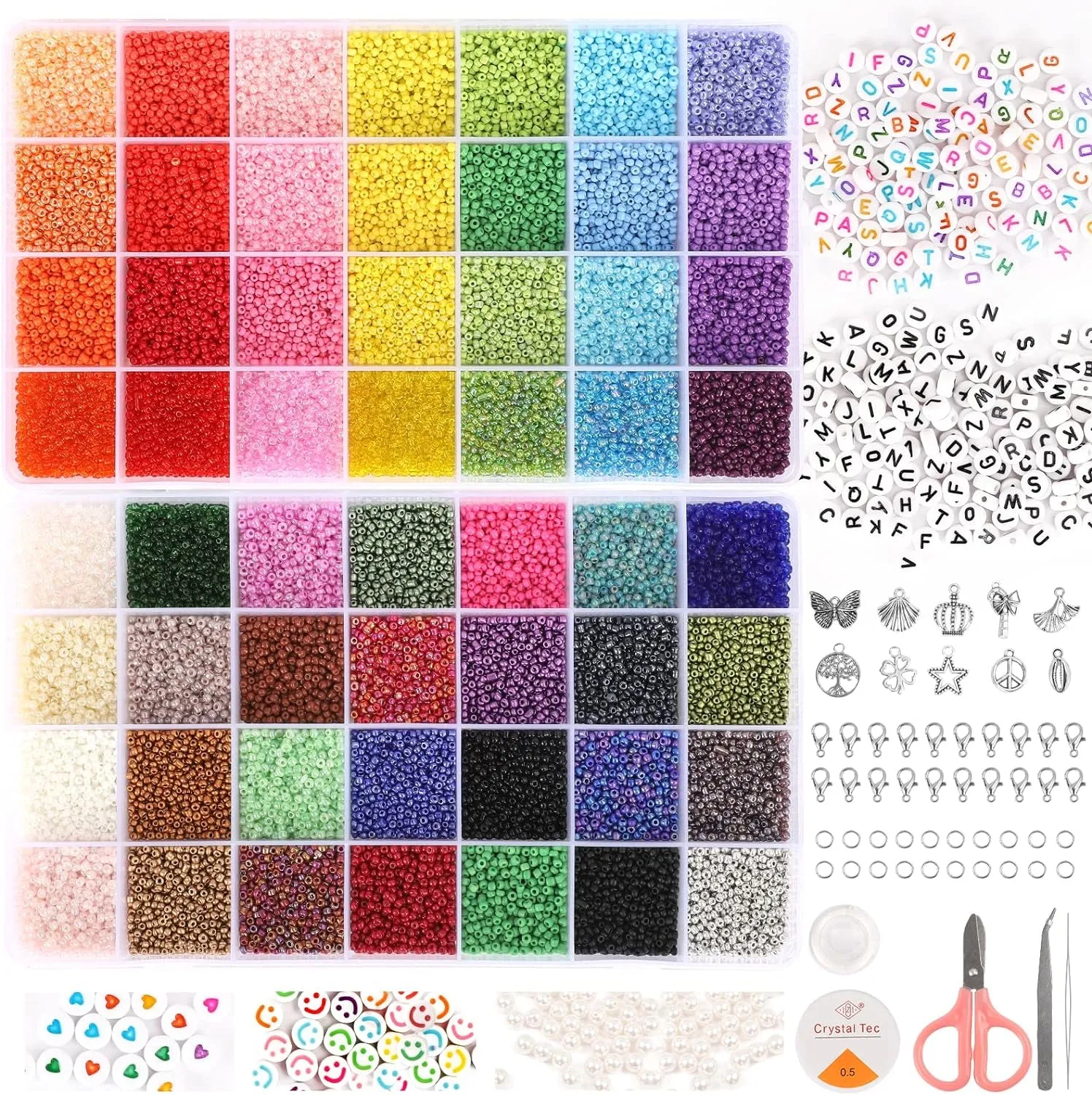 45000Pcs Glass Seed Beads for Bracelet Making Kit, 56 Colors 2Mm Small Beads for Jewelry Making, 260Pcs Letter Beads for Crafts Gifts