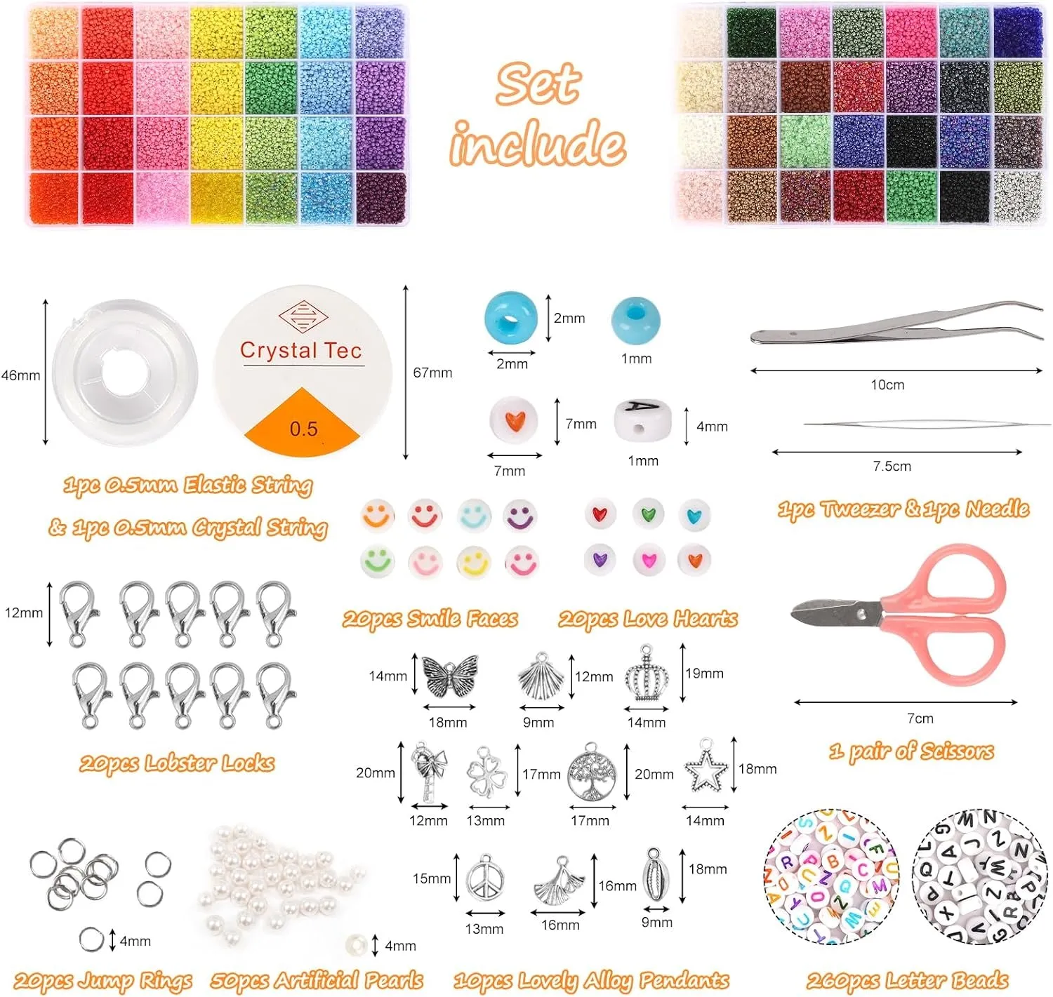 45000Pcs Glass Seed Beads for Bracelet Making Kit, 56 Colors 2Mm Small Beads for Jewelry Making, 260Pcs Letter Beads for Crafts Gifts