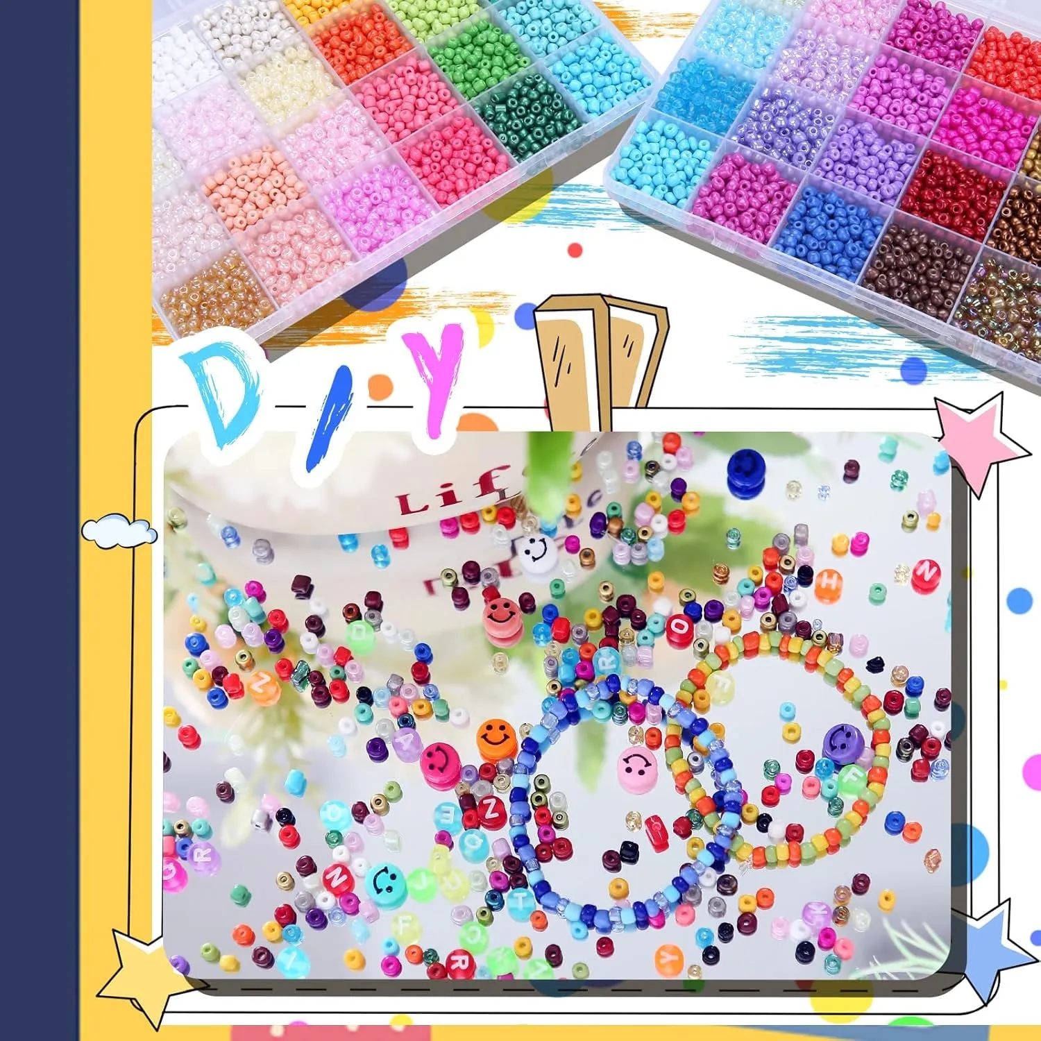 6720 Pcs 4Mm Seed Beads for Jewelry Making Kit, 6/0 48 Colors Bracelet Beads Pony Beads Waist Beads Kit with Pendant Charms Kit and Letter Beads