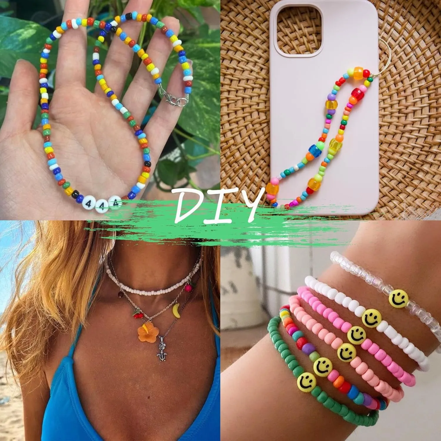 6720 Pcs 4Mm Seed Beads for Jewelry Making Kit, 6/0 48 Colors Bracelet Beads Pony Beads Waist Beads Kit with Pendant Charms Kit and Letter Beads