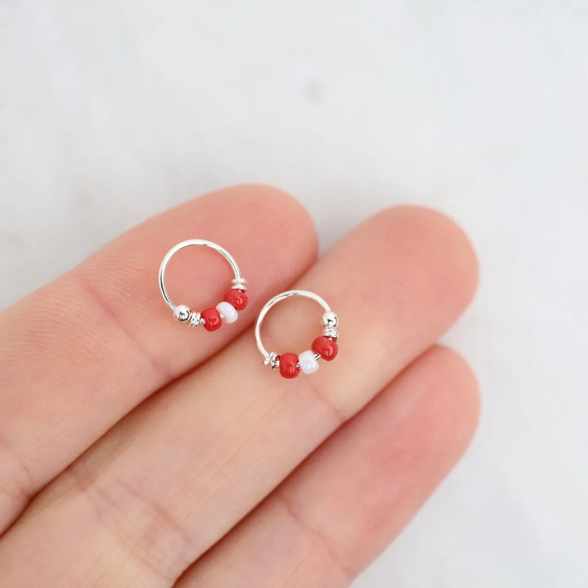 8mm Sterling Silver Sleeper Hoops with Red Beads