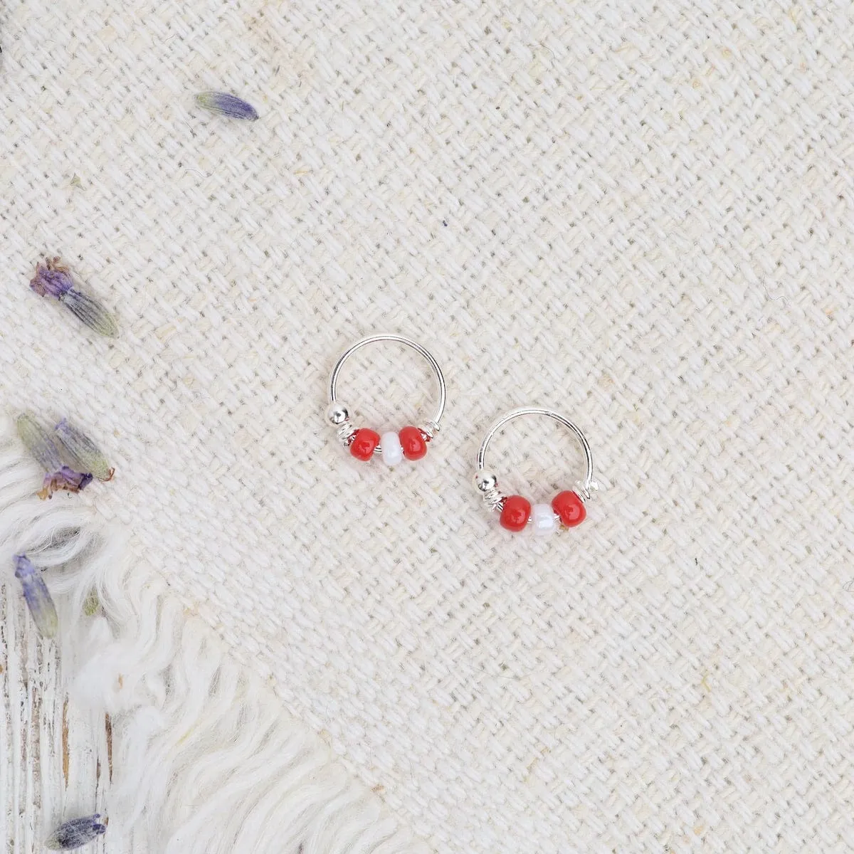 8mm Sterling Silver Sleeper Hoops with Red Beads